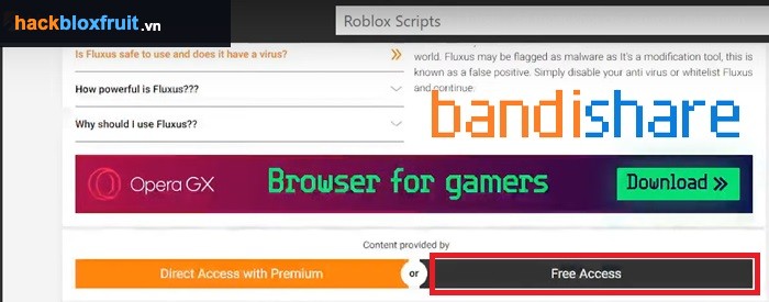 Cách cài Hack Blox Fruit bằng Fluxus - bước 4 nhấn Free Access