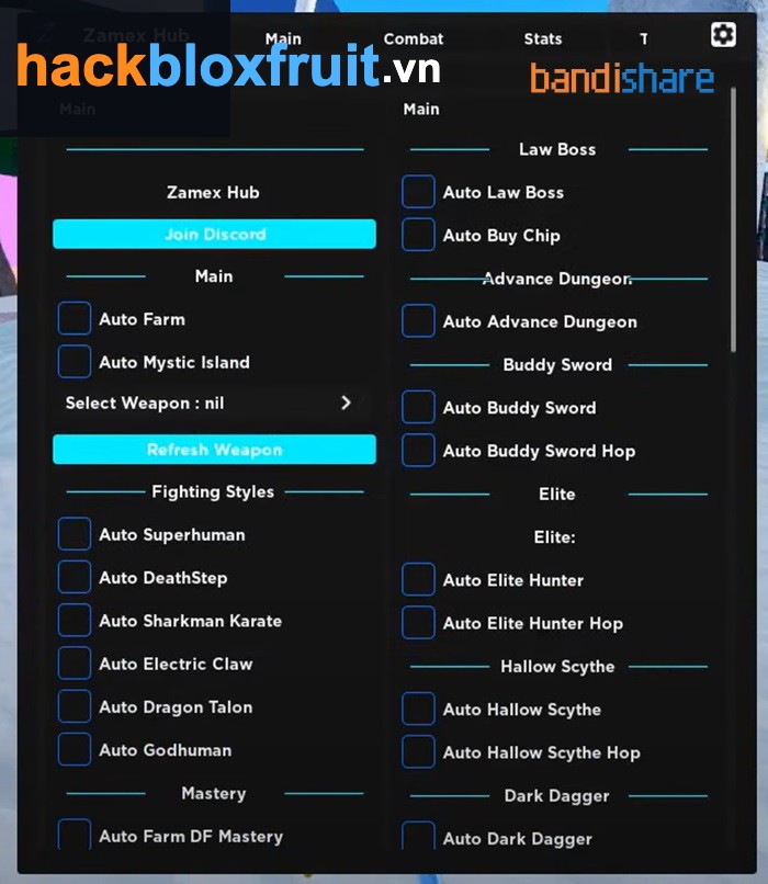 Menu tùy chỉnh tính năng Hack Blox Fruit Update 31